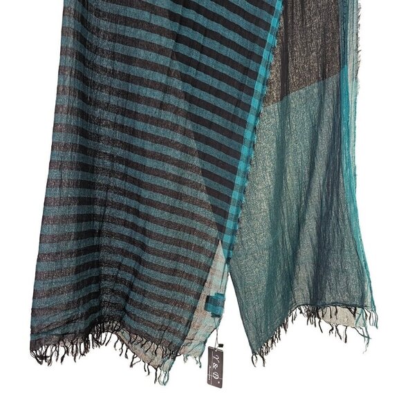 Y&D XL Cotton Blend Scarf Wrap Oblong Teal Black Stripe 2 Sided 34 X 80 in NWT - Picture 4 of 8